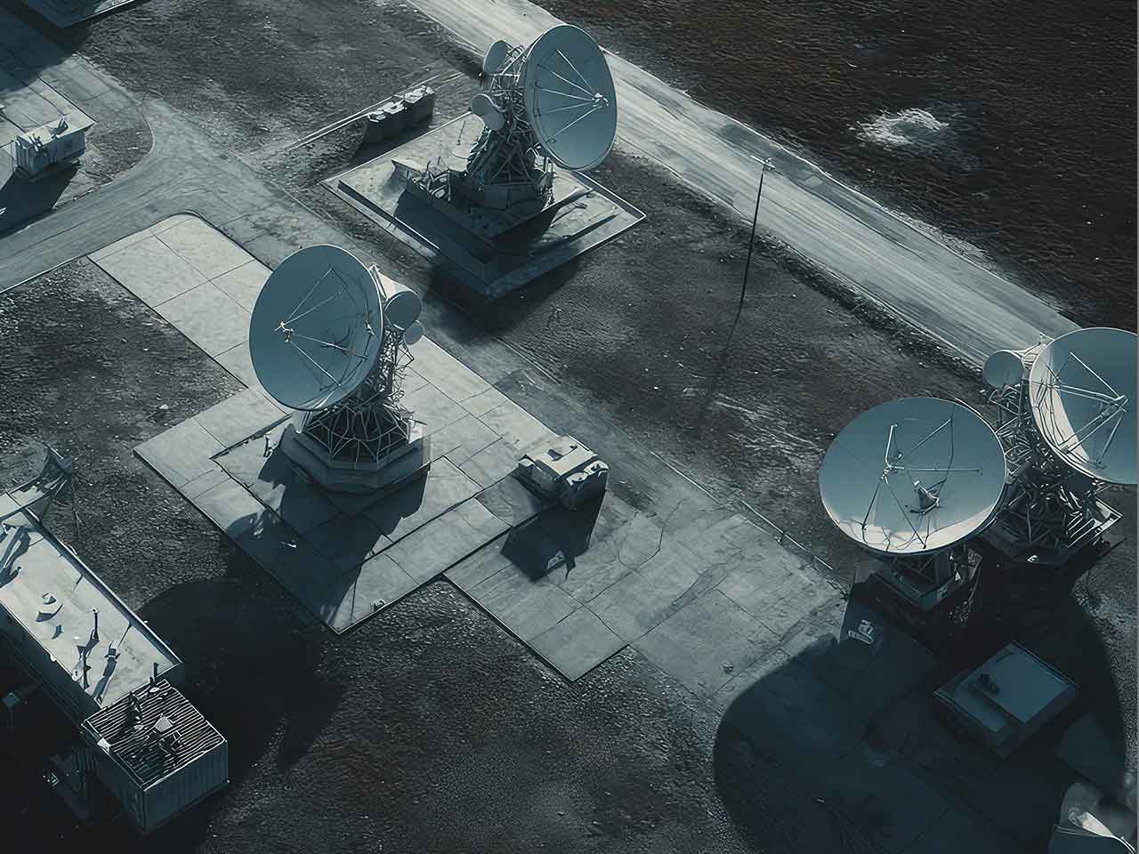 Satellite dishes positioned on concrete platforms, pointed toward the sky
