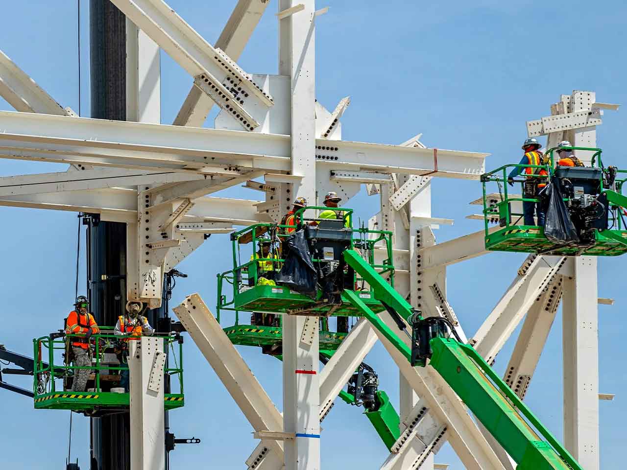 Construction of a steel-frame launch tower.